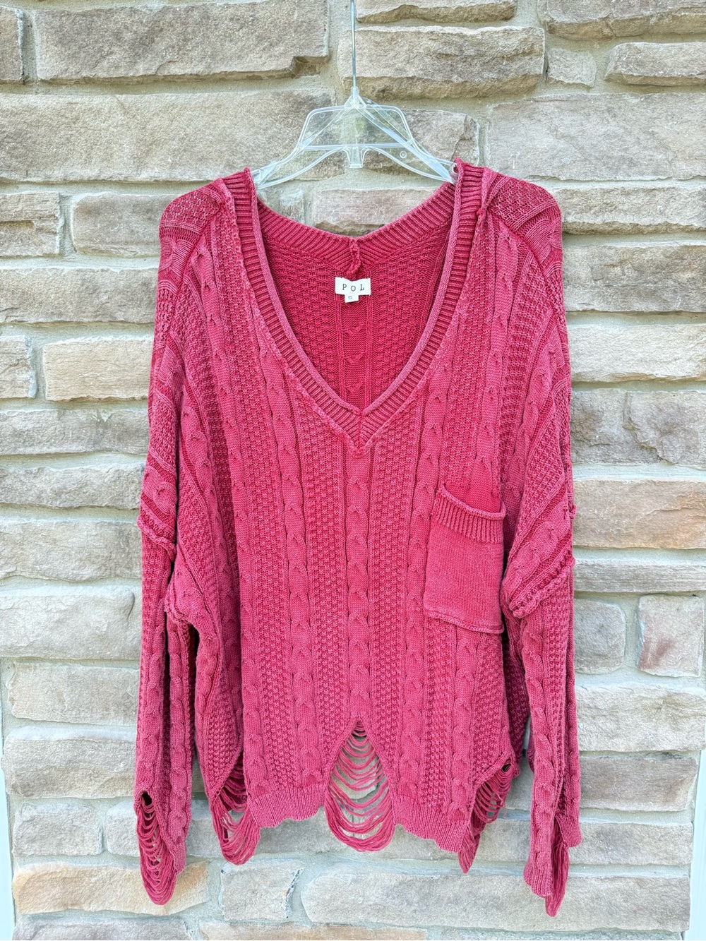 POL Distressed Cable Knit V-Neck Sweater Raspberry/Burgundy/Rose Boho | S